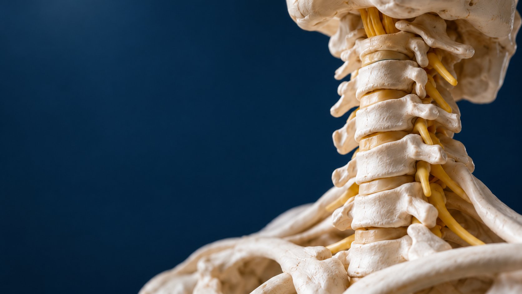 Modelo anatómico de columna cervical con nervios periféricos en amarillo, sobre fondo azul oscuro