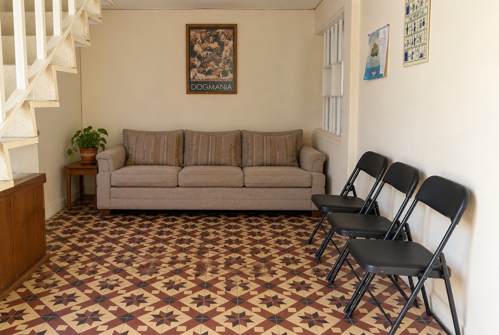 Sala de espera con sofá beige, sillas plegables, planta y escalera en planta baja sobre piso de mosaico