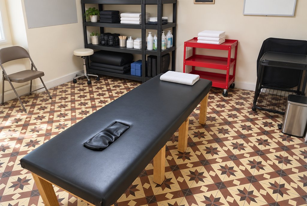 Sala de tratamiento con camilla negra, estante de insumos, carro rojo y silla plegable sobre piso de mosaico