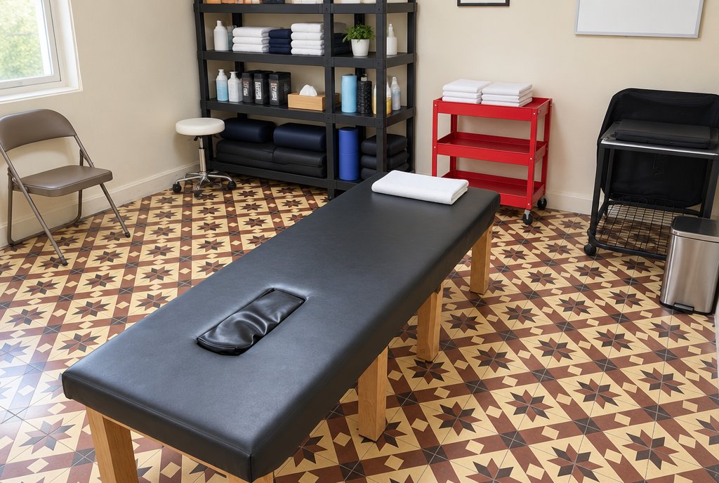 Sala de tratamiento con camilla, toalla blanca, estante con productos y carro rojo sobre piso de mosaico
